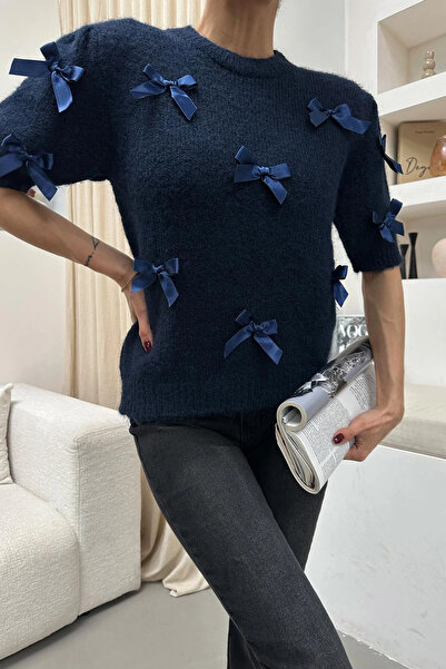 Telablanka Bow Detailed Short Sleeve Sweater Navy Blue