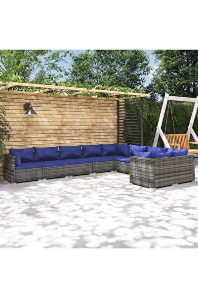 vidaxl طقم أثاث حديقة مكون من 9 قطع مع وسائد من الروطان الصناعي باللون الرمادي