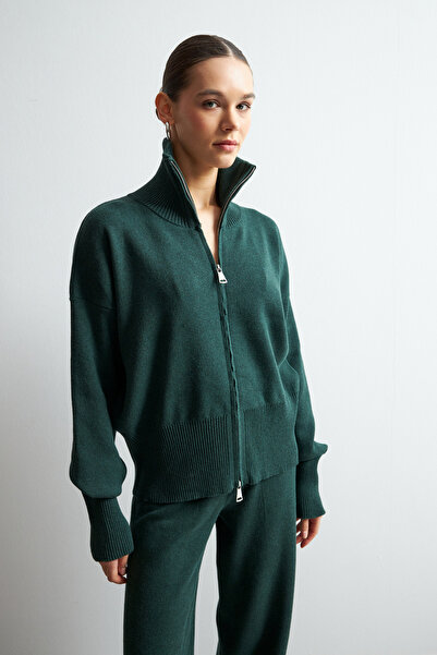Bipantolon Women's Emerald Green Double Zipper Detailed Knitwear Set
