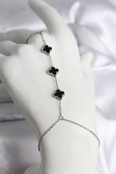 STİLLOVE 316L Steel Silver Color Black Clover Model Women's Şahmeran