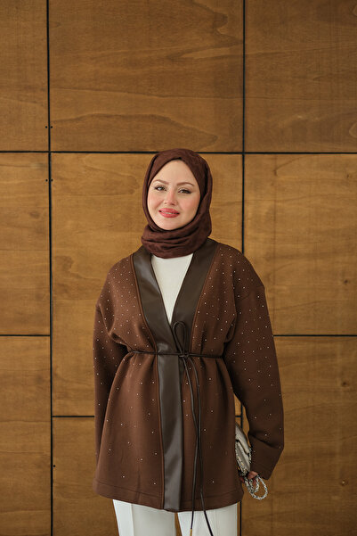 LOCCO Women's V Detail Leather Collar Stone Jacket Brown