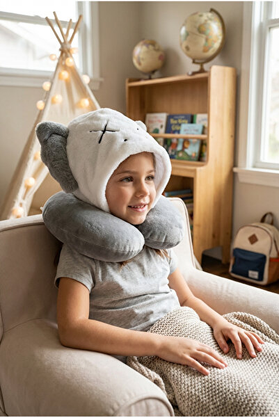 Heybee Luggages NKK047- Ortopedik Eğlencel Kapişonlu GRİ Seyahat Boyun Yastığ...