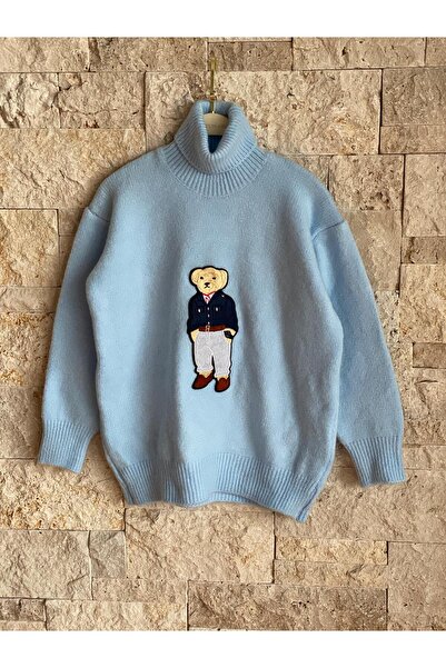 Hatun Atila Hatunatila Teddy Bear Patterned Apike Embroidered Turtleneck Sweater Blue 2418