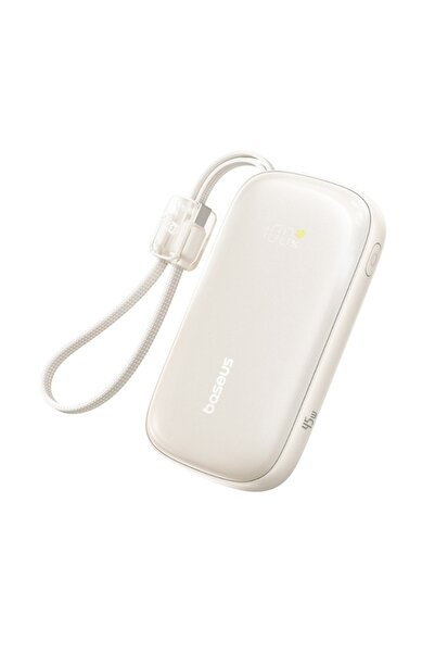 Baseus Baterie externă 10000mAh 45W cu cablu detașabil, USB-USB-C, încărcare rapidă pentru laptop și telefon, bej