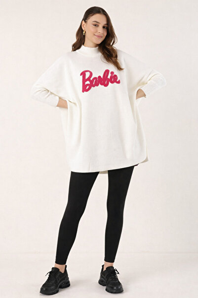 MISSRUBA Kadın Beyaz Yırtmaçlı Barbie Triko Panço