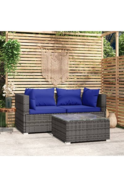 vidaxl 3 Piece Garden Lounge Set with Cushions Grey Poly Rattan
