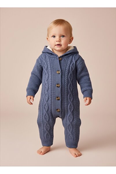 eradkids Baby Plush Hooded Knitwear Jumpsuit – Buttoned, Soft Textured, Winter