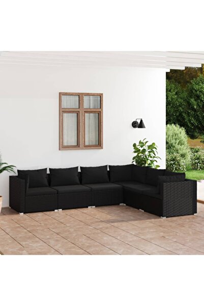 vidaxl طقم أريكة حديقة مكون من 6 قطع مع وسائد من البولي راتان باللون الأسود