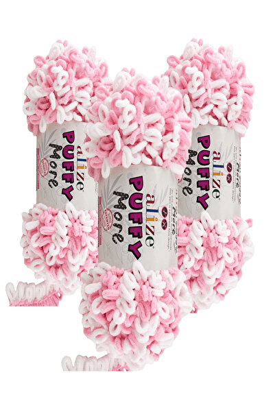 Alize Ață de tricotat manual Puffy More 3 bucăți – 6267 alb roz – 150 gr. 11,...