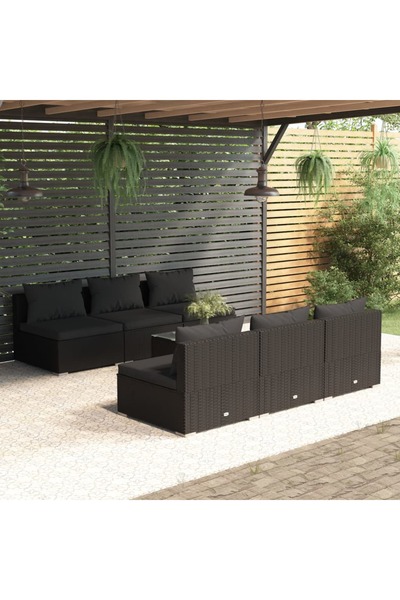 vidaxl طقم أريكة حديقة مكون من 7 قطع مع وسائد من البولي راتان باللون الأسود