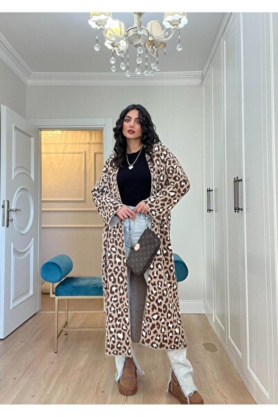Hatun Atila Leopard Patterned Angora Maxsi Length Cardigan Light Brown - 3115