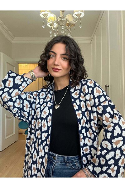 Hatun Atila Leopard Patterned Angora Maxsi Length Cardigan Navy Blue - 3115