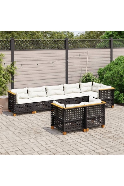 vidaxl طقم كنب حديقة مكون من 8 قطع مع وسائد، مصنوع من خشب الروطان الصناعي الأسود