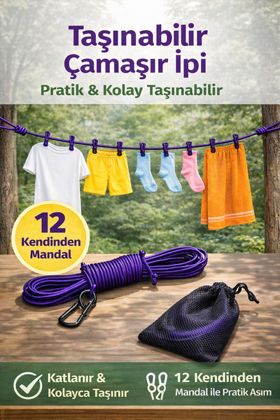 DrBambu Kendinden Mandallı Taşınabilir Çamaşır İpi – Katlanabilir, Pratik ve ...