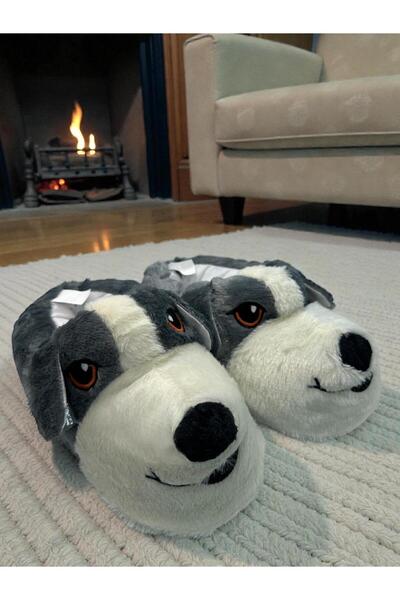 Marblestone Unisex Gray Dog Figured Plush House Slippers Soft Textured Slippers