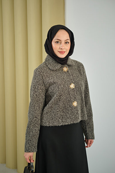 LOCCO سترة نسائية قصيرة من الفيلور بأزرار على شكل زهرة باللون الرمادي