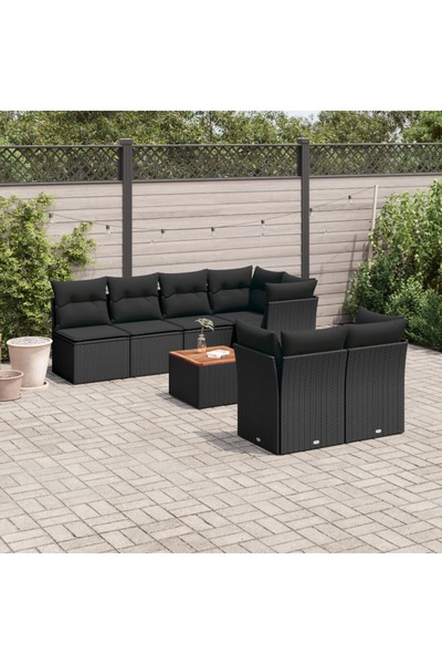 vidaxl طقم كنب حديقة مكون من 8 قطع مع وسائد، مصنوع من خشب الروطان الصناعي الأسود