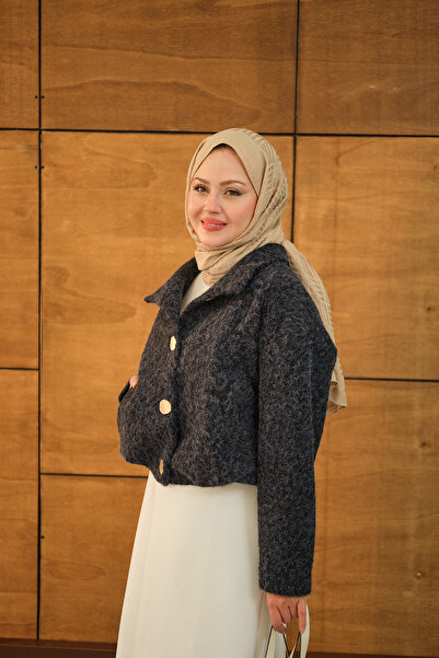 LOCCO Women's Buttoned Short Felt Coat Navy Blue