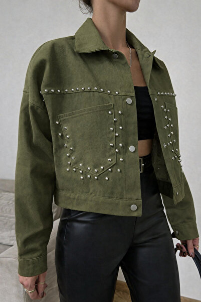 Podyum Park Kadın Taş Detaylı Hakİ Renk Gabardin Ceket