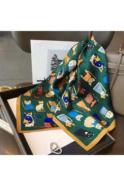 KİANA DÜKKAN Kedi Baskılı Kare Fular / Bandana / Eşarp