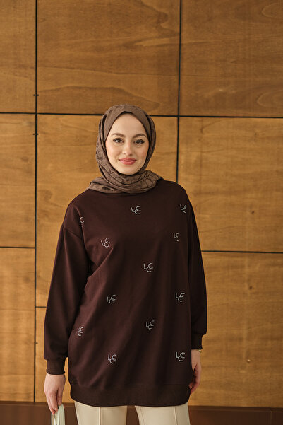 LOCCO Women's Lcc Stone Detail Bisiket Collar Sweatshirt Brown