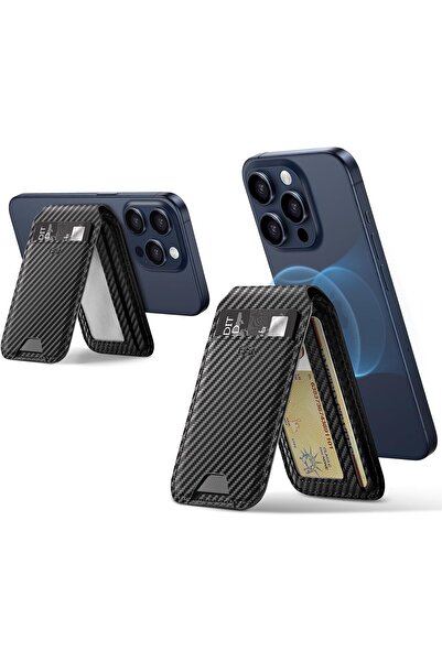 ESR HaloLock Vegan Deri Magsafe Stant Özellikli Kartlık - Siyah Karbon