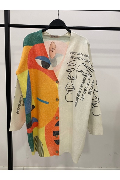 Hatun Atila Digital Printed Patterned V-Neck Buttoned Transitional Knitwear L...