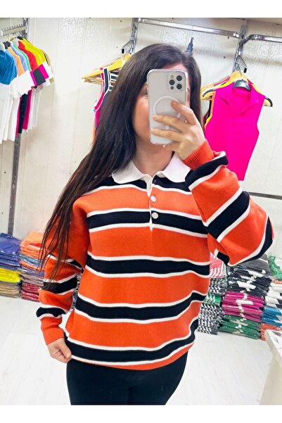 zeyoo collection ihb Women's Striped Polo Neck Sweater