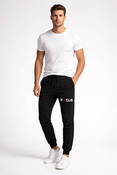 Rivox Men's Black Cotton Sweatpants Slim Fit Narrow Leg Focus Printed
