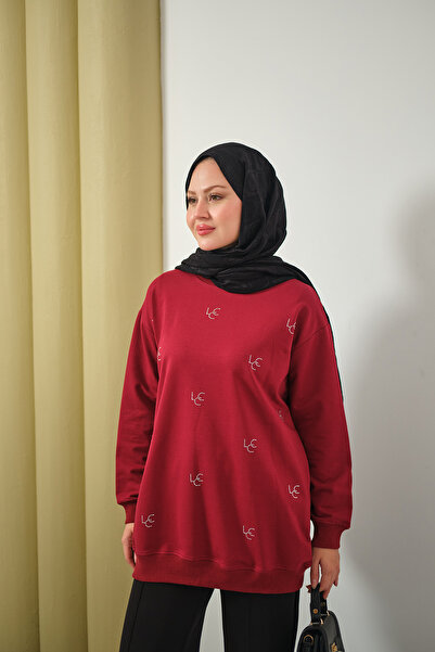 LOCCO Women's Lcc Stone Detail Crew Neck Sweatshirt Burgundy