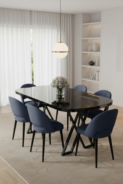 Canisa Arvon Serisi MDF 90x168 Sabit Siyah Mermer Desen Mutfak Masa Takımı 6 ...