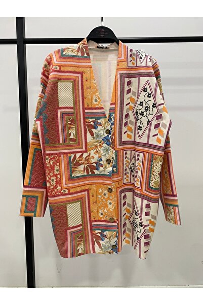 Hatun Atila Digital Printed Patterned V-Neck Buttoned Transitional Knitwear L...