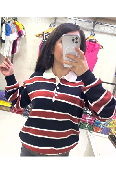 zeyoo collection ihb Women's Striped Polo Neck Sweater