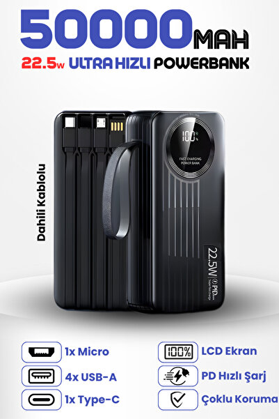 Enshall 50.000 Mah 22.5W Hızlı Şarj Destekli Forefo Dahili Kablolu Taşınabili...