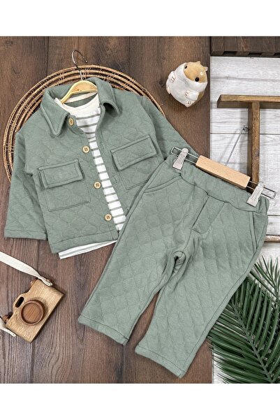 my petit panda Kapitone Ceket ve Pantolonlu Çizgili Sweatshirt 3 lü Bebek Takım