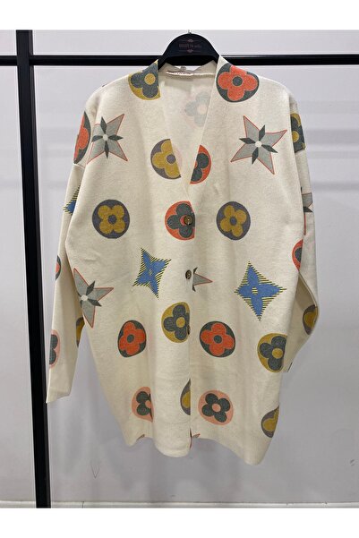 Hatun Atila Digital Printed Patterned V-Neck Buttoned Transitional Knitwear L...