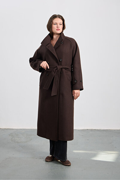 LUOKK CIMON Yünlü Dik Yaka Uzun Kaban Kahverengi