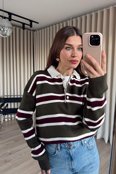 Sue Store Khaki Plum Striped Polo Neck Sweater