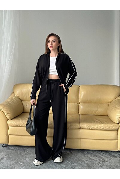 BY HUPE Modal Fabric Stripe Inter Piped Zippered Sweatshirt & Trousers Two-Piece Set