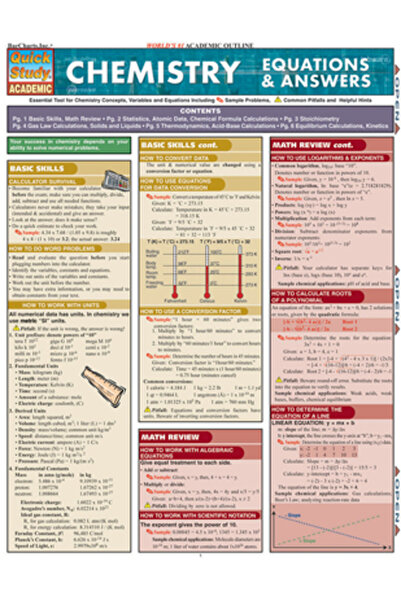 BarCharts Tabel de referință laminat pentru ecuații și răspunsuri de chimie