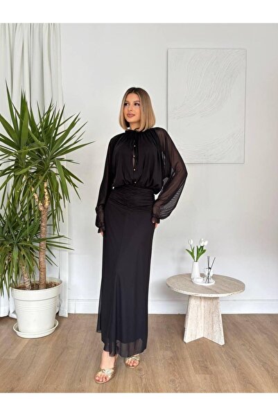 NOVEMBER Bel Drapeli Şifon Uzun Elbise NVM-20044