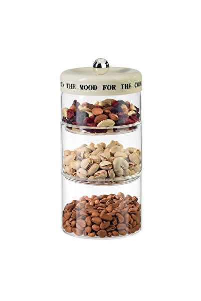 MİEN طقم 3 قطع من أوعية التوابل الزجاجية المخططة مع غطاء كريمي 12*12*28