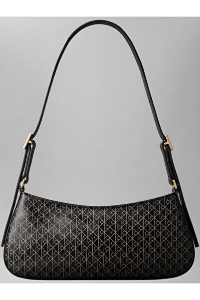 Calvin Klein Kadın Deri Tek Fermuar Kapamalı Askı Marka Yazı Desenli Siyah Om...