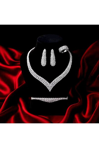 Luxiva V Form Zirkon Taşlı Gümüş Kaplama Lüks Gelin Seti – Özel Tasarım