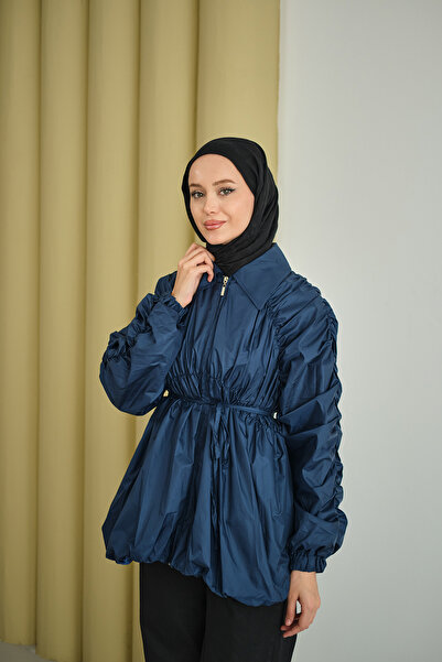 LOCCO Women's Drawstring Detail Parachute Jacket Navy Blue