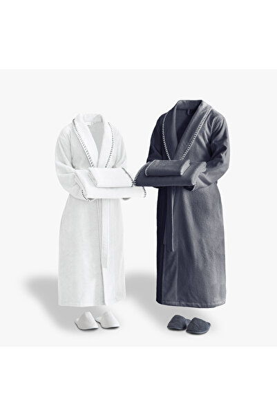Green Black Tria Family Bathrobe Set 100% Cotton Jacquard Cream-Navy Blue M/L