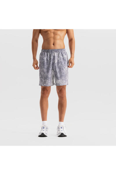 Decathlon Domyos Erkek Spor Şortu - Fermuarlı Cepli - Gri Baskılı