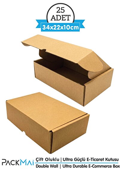 PackMai 34x22x10 cm Karton Kutu 25 Adet | Ultra Güçlü Çift Oluklu Çanta, Teks...