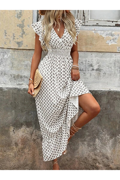 MİO Özssa Women's Short Butterfly Sleeve Double Breasted Collared Patterned S...