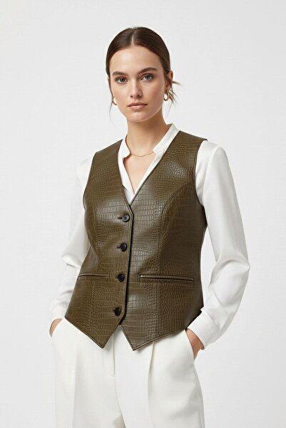 Deriderim Carla Haki Yeşil Hakiki Deri Kroko Kadın Yelek